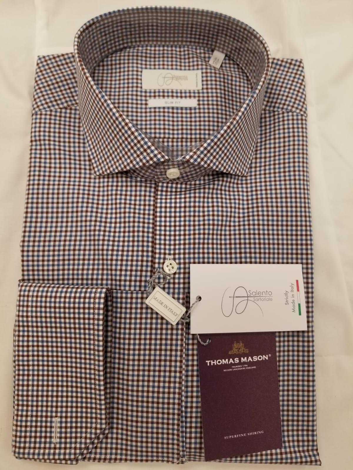 Slim & Contemporary Fit Brown and Blue Checkered Thomas Mason 100% Cotton Shirt - Made in Italy