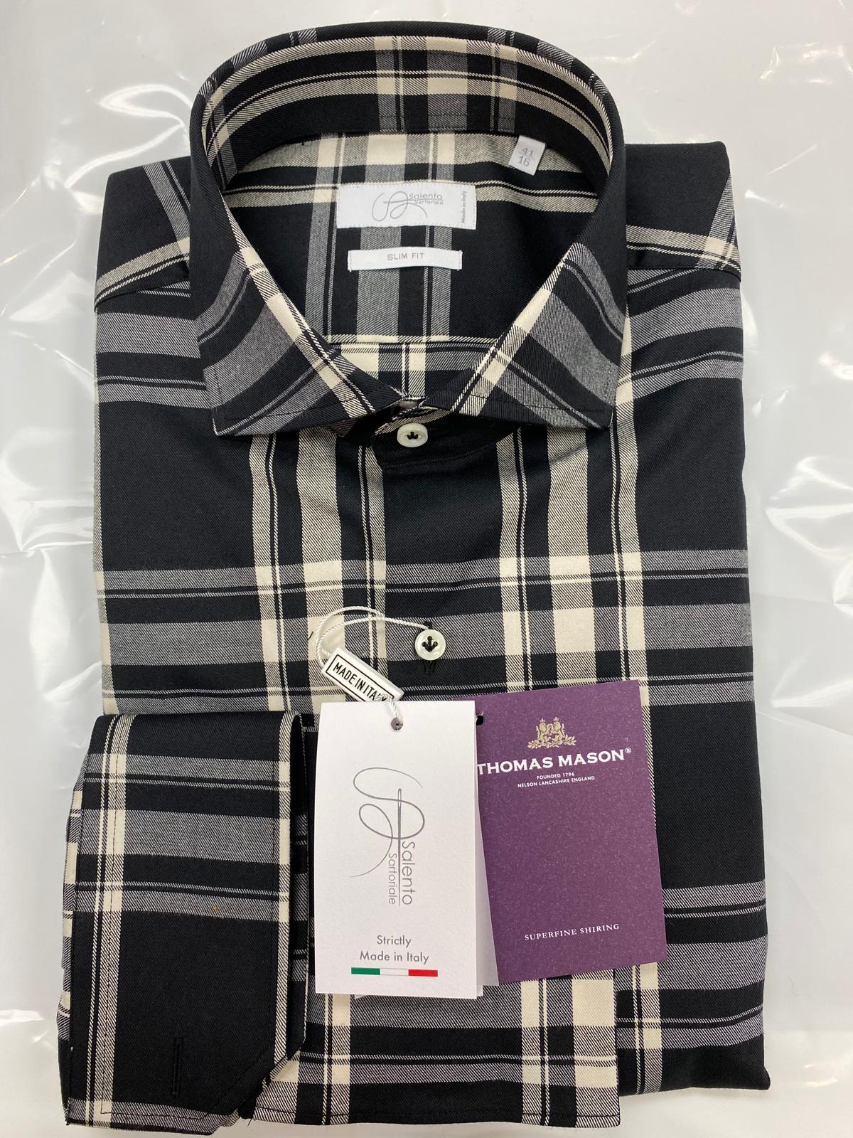 Slim & Contemporary Fit Black and Beige Plaid Thomas Mason 100% Cotton Shirt - Made in Italy