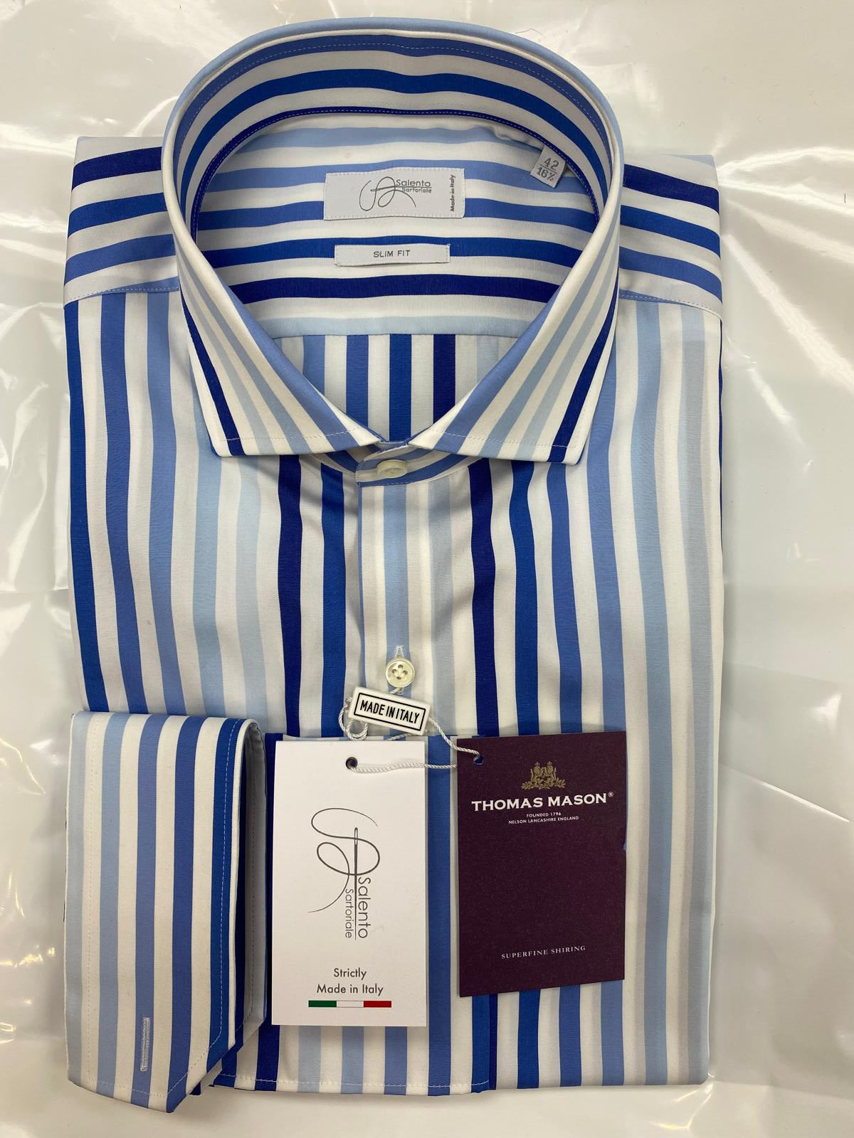 Slim & Contemporary Fit Blue and White Striped Thomas Mason 100% Cotton Shirt - Made in Italy