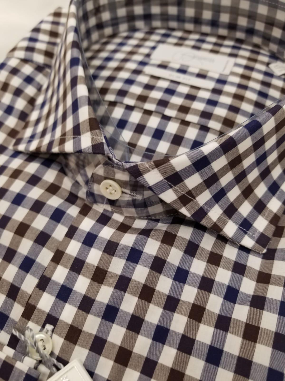 Slim & Contemporary Fit Brown and Navy Checkered Thomas Mason 100% Cotton Shirt - Made in Italy