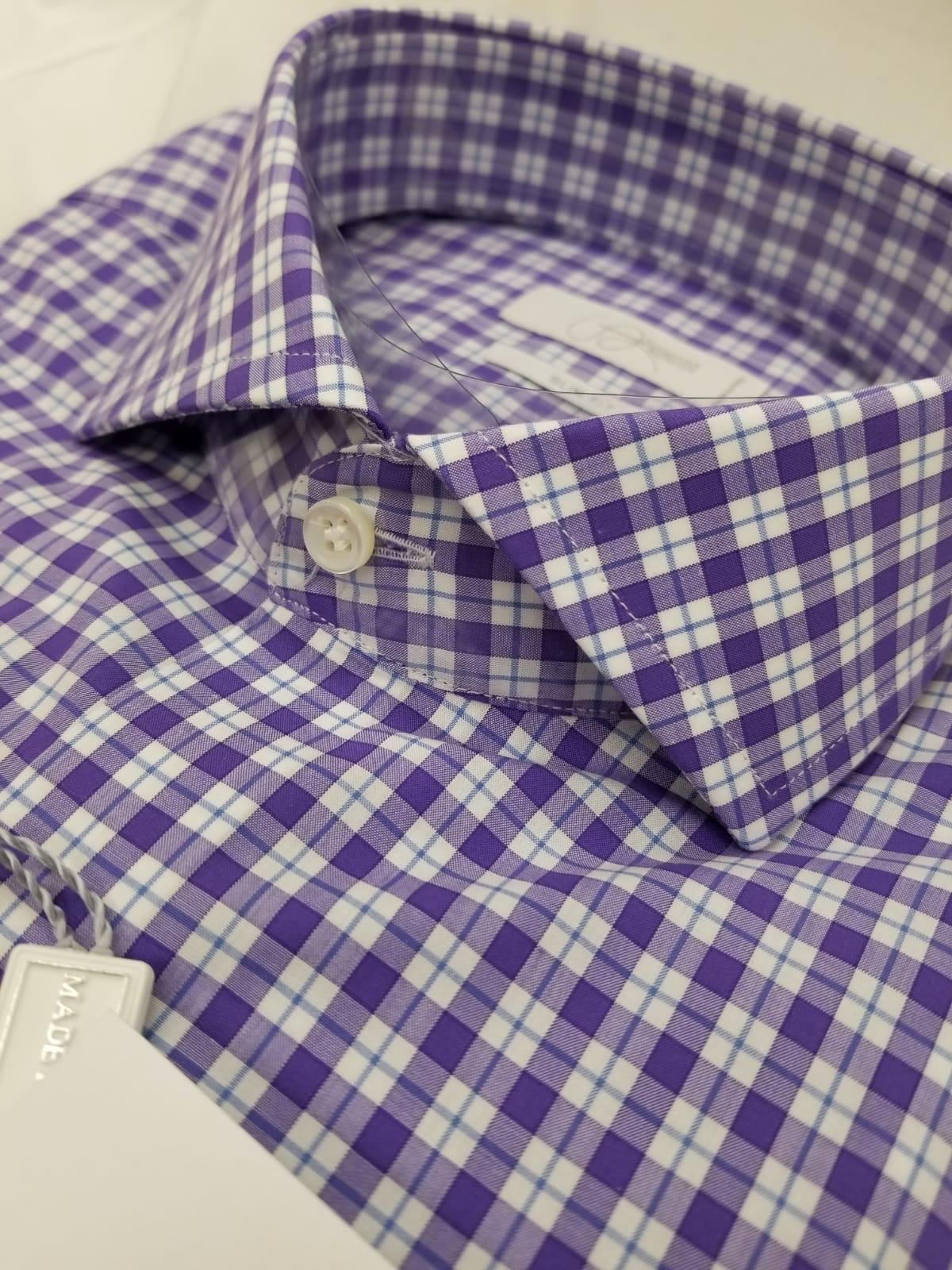 Slim & Contemporary Fit Purple and White Checkered Thomas Mason 100% Cotton Shirt - Made in Italy