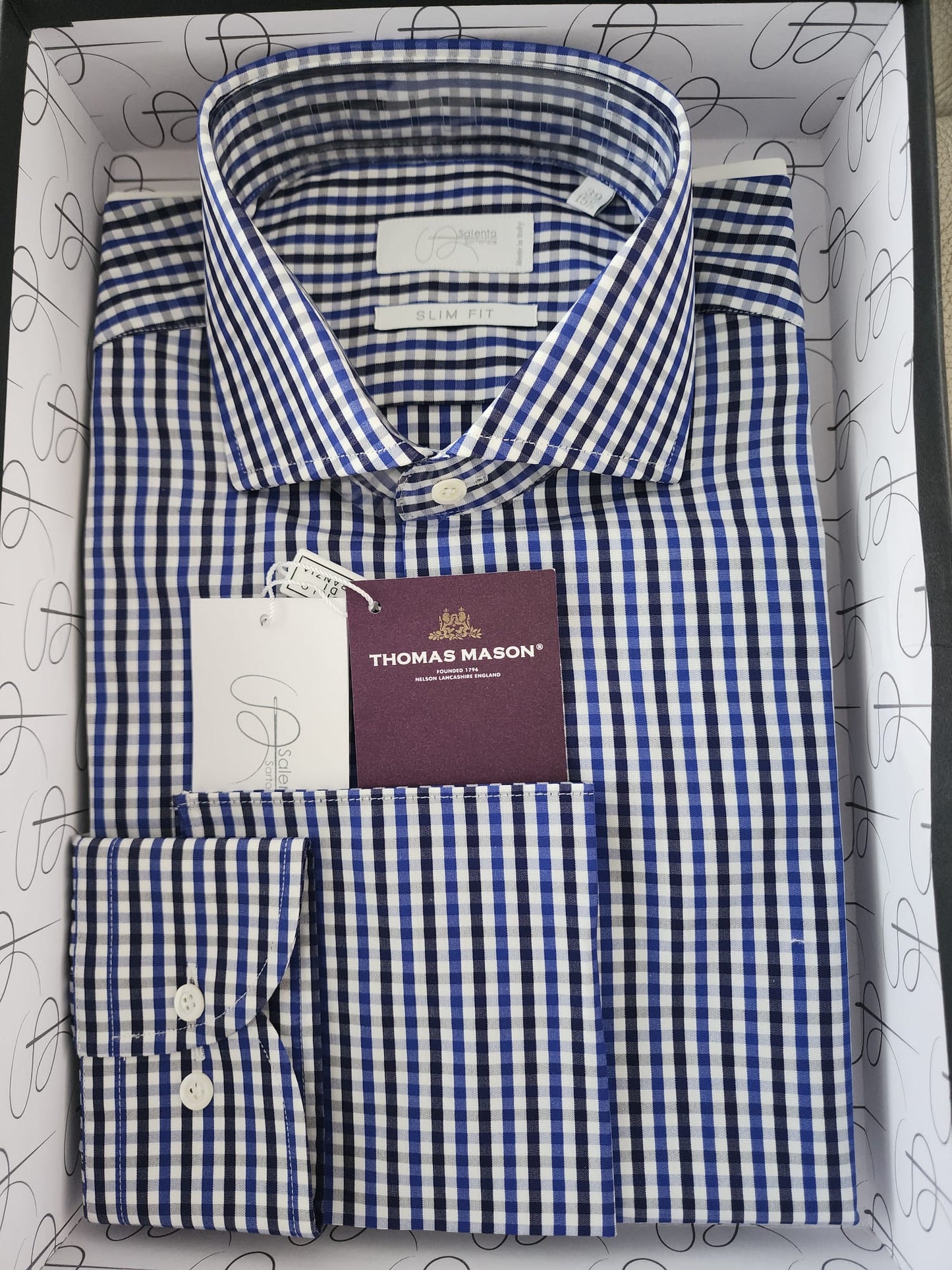 Slim Fit Blue and White Checkered Thomas Mason 100% Cotton Shirt - Made in Italy