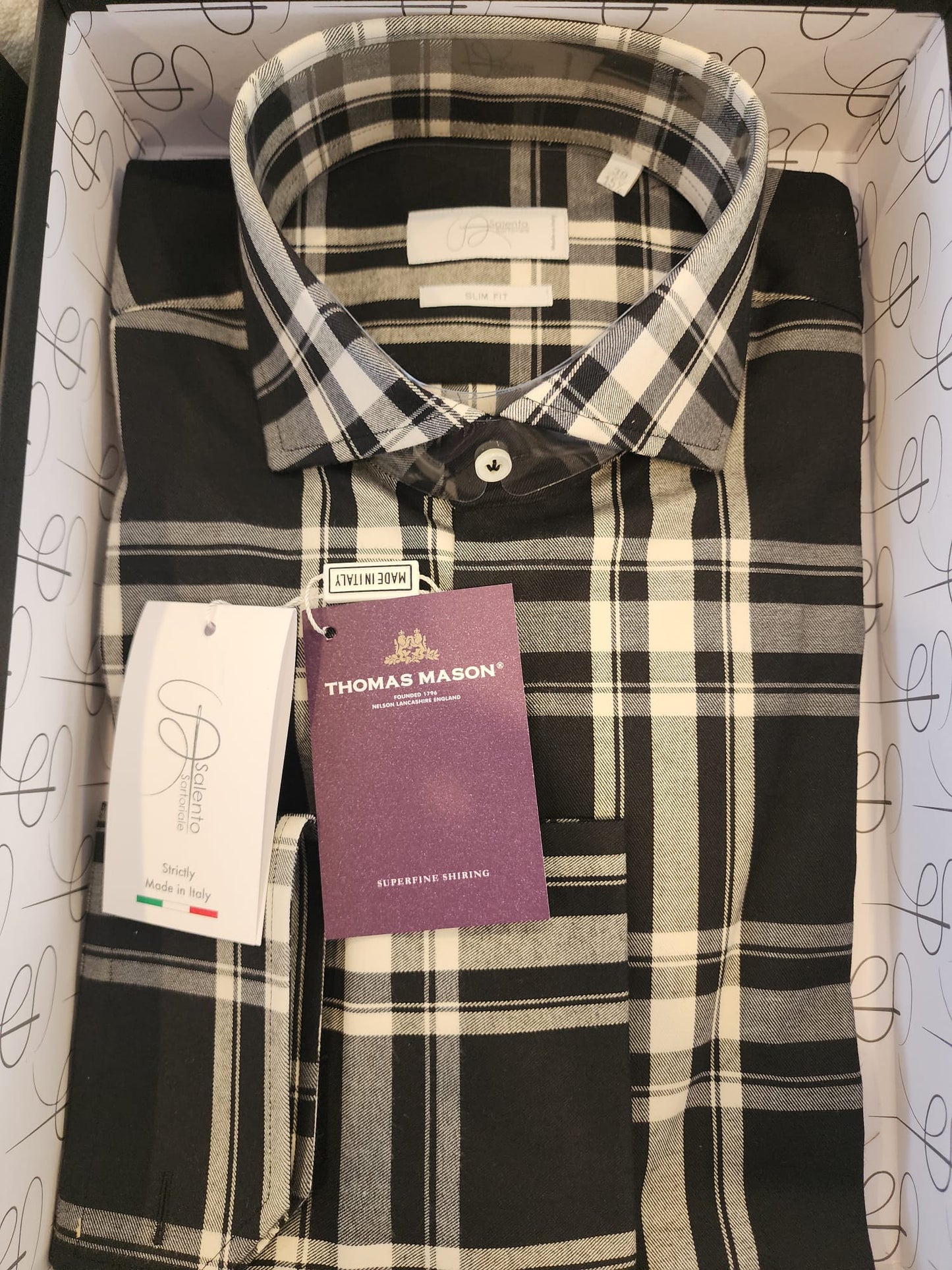 Slim Fit Black & White Checkered Thomas Mason 100% Cotton Shirt - Made in Italy