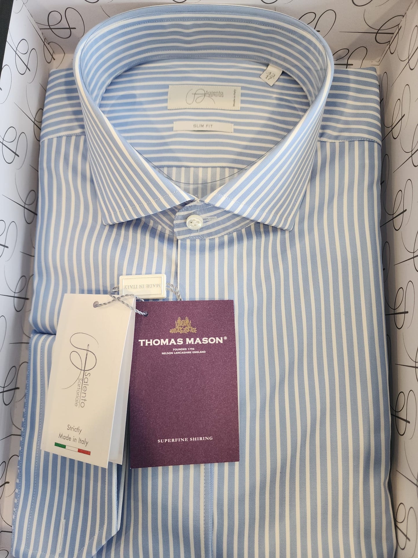 Slim Fit Light Blue Pinstripe Thomas Mason 100% Cotton Shirt - Made in Italy