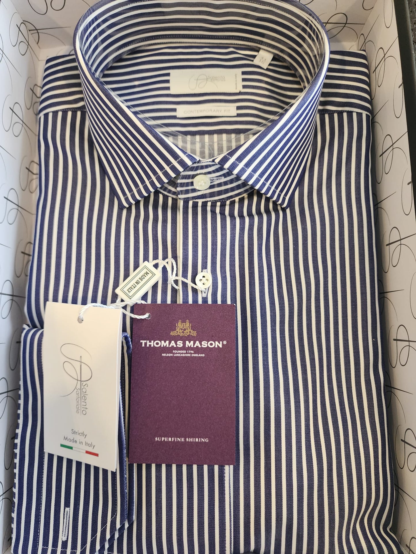 Slim & Contemporary Fit Navy Pinstripe Thomas Mason 100% Cotton Shirt - Made in Italy