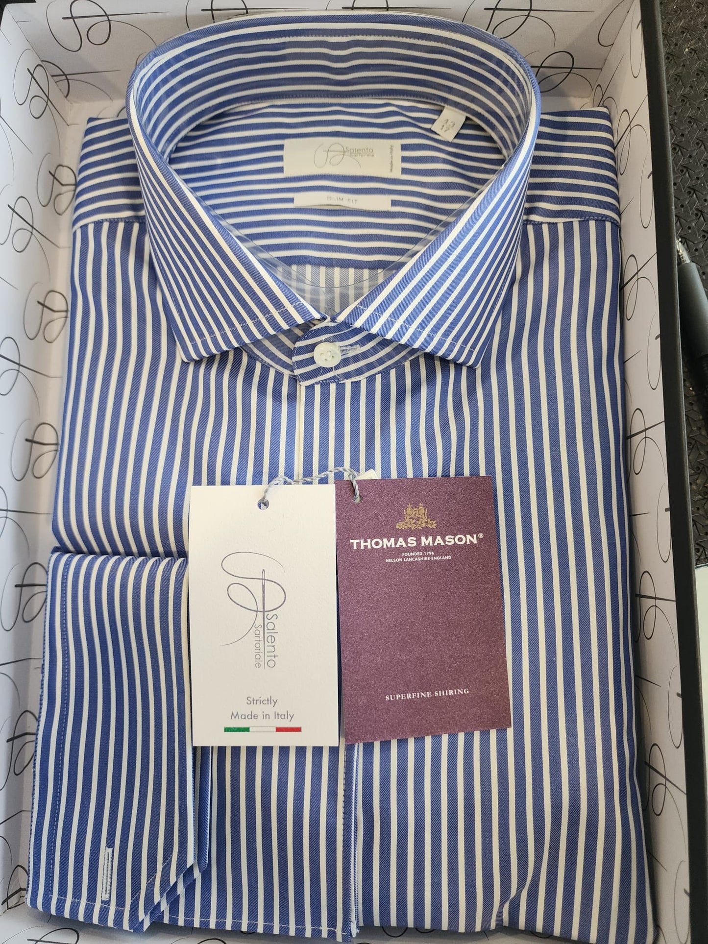 Slim Fit Blue Pinstripe Thomas Mason Shirt - Made in Italy