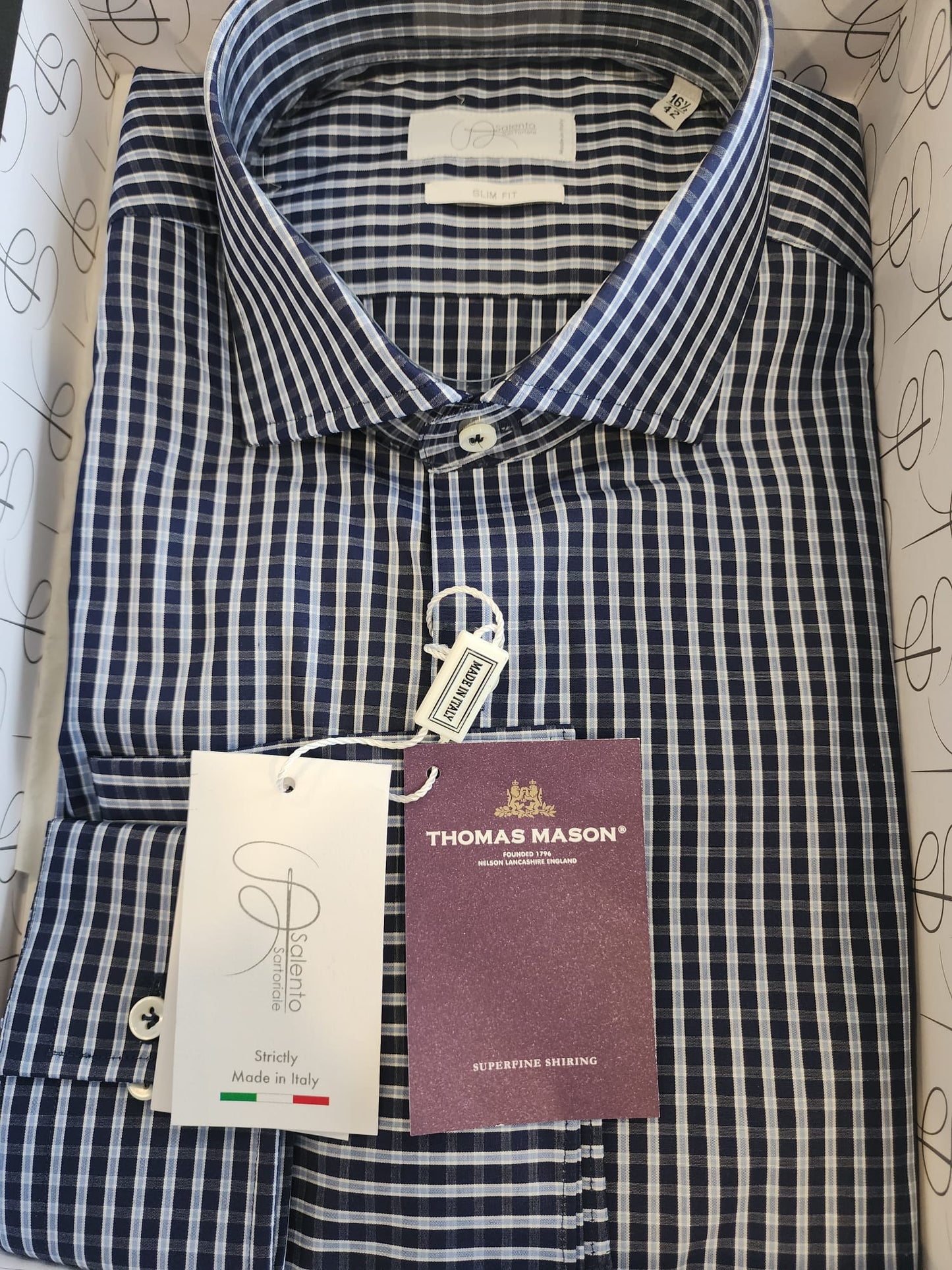 Slim Fit Navy Checkered Thomas Mason Shirt - Made in Italy
