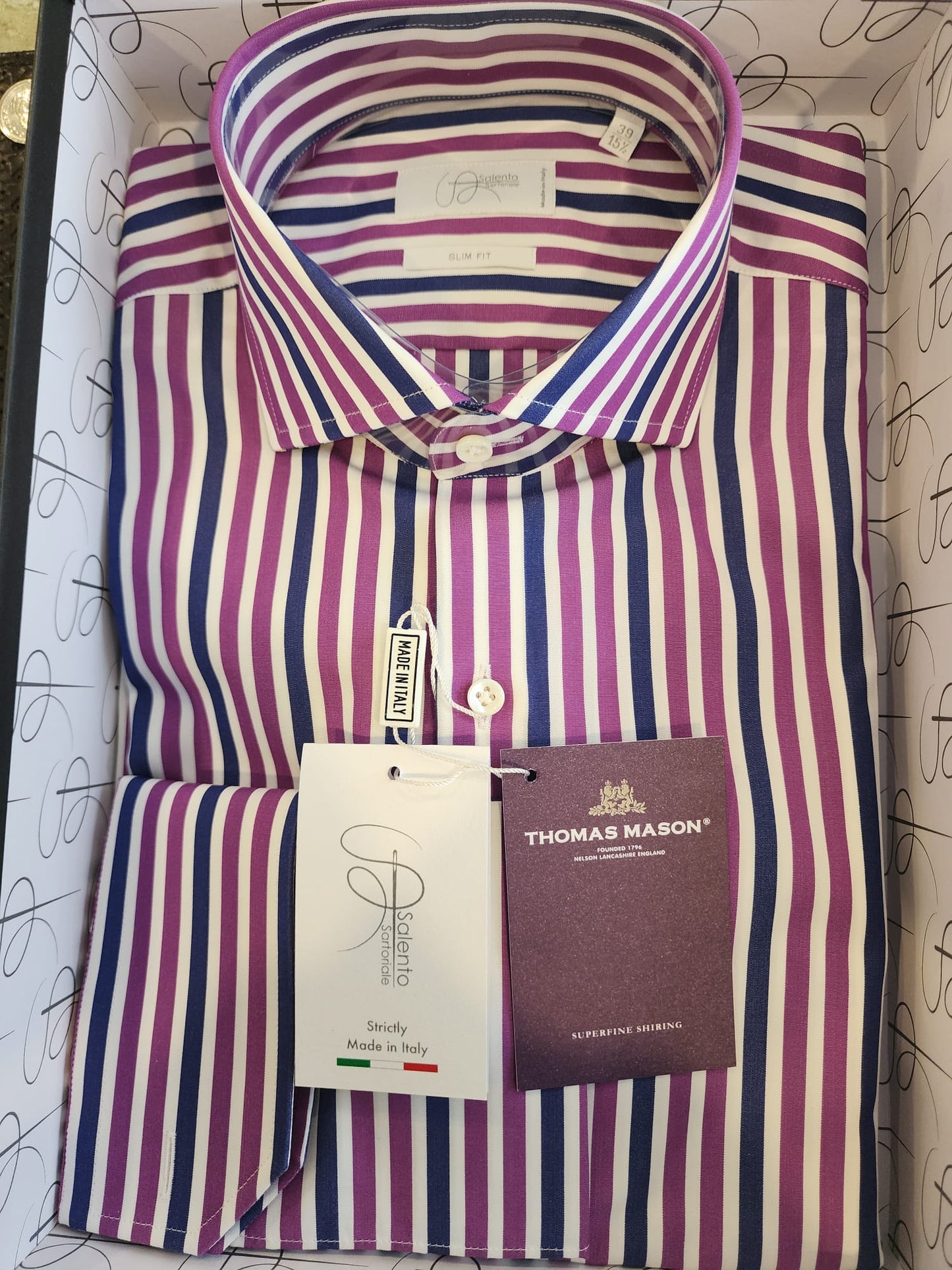 Slim Fit Purple & White Striped Thomas Mason Shirt - Made in Italy