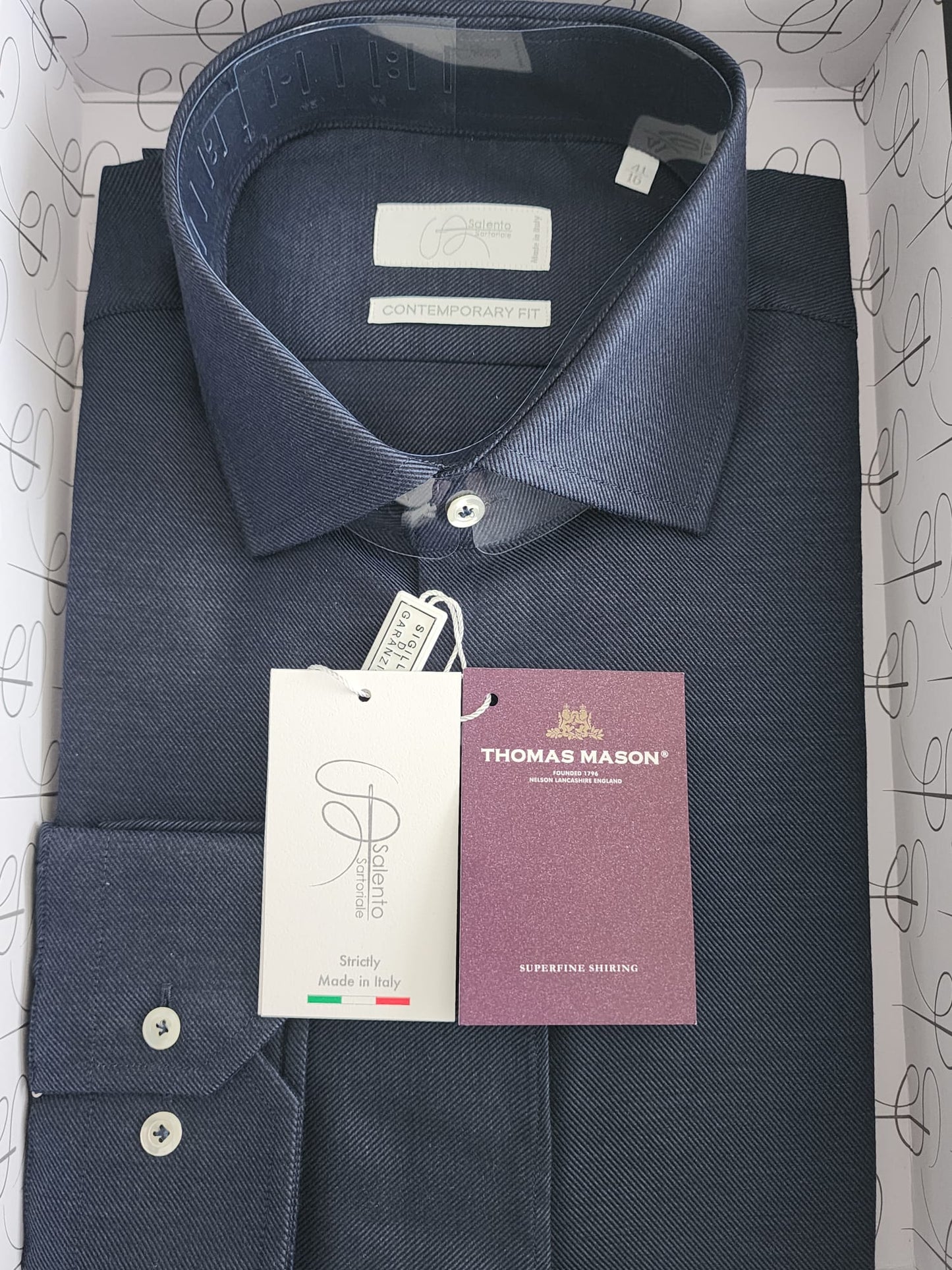 Slim & Contemporary Fit Plain Navy Thomas Mason 100% Cotton Shirt - Made in Italy