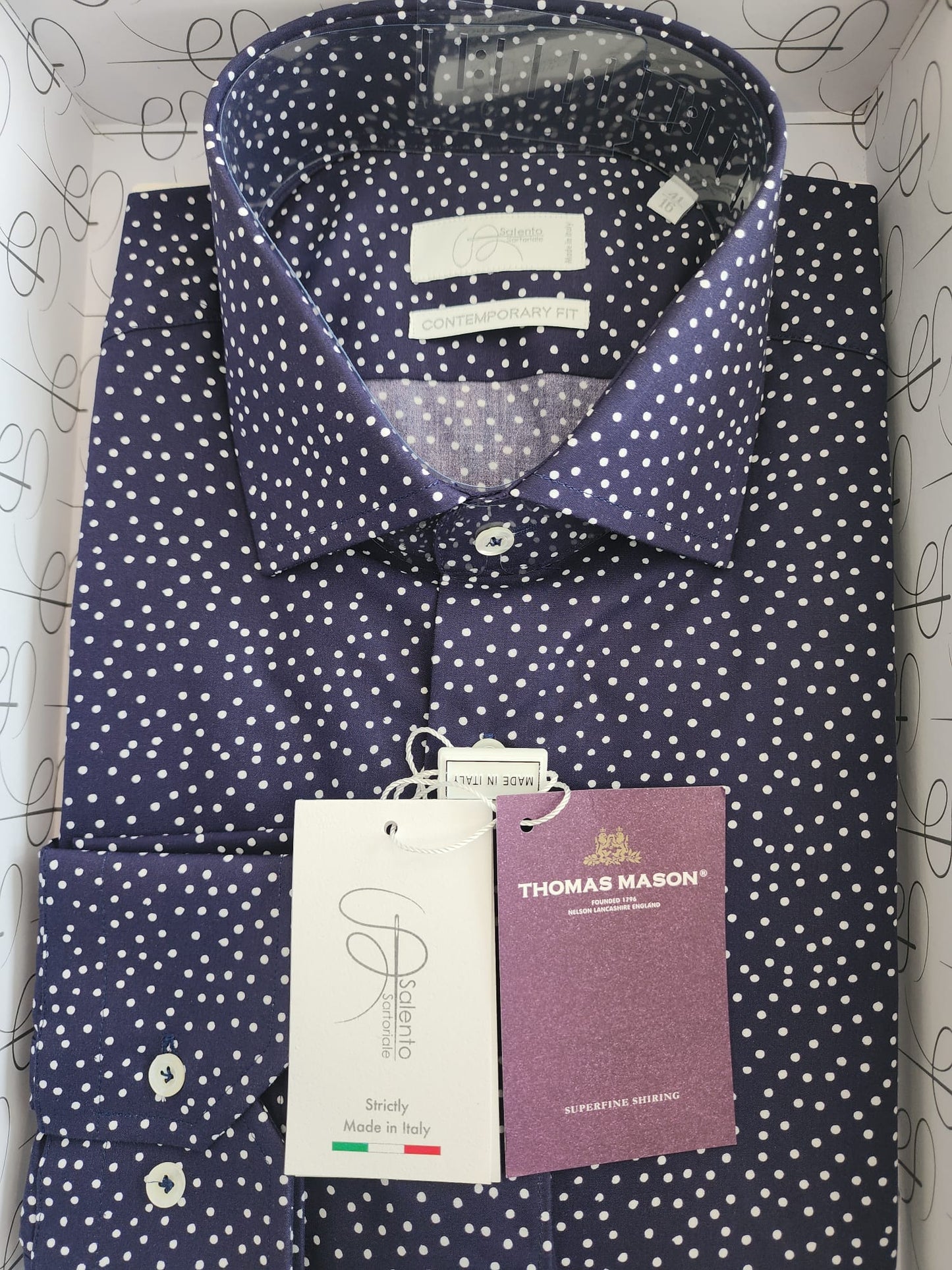 Contemporary Fit Navy Polka Dot Thomas Mason Shirt - Made in Italy